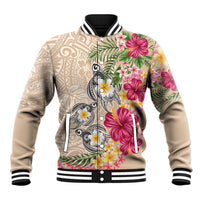Hawaiian Tropical Flowers and Tribal Turtles Baseball Jacket Polynesian Art Motifs Beige Color LT03 Unisex Beige - Polynesian Pride