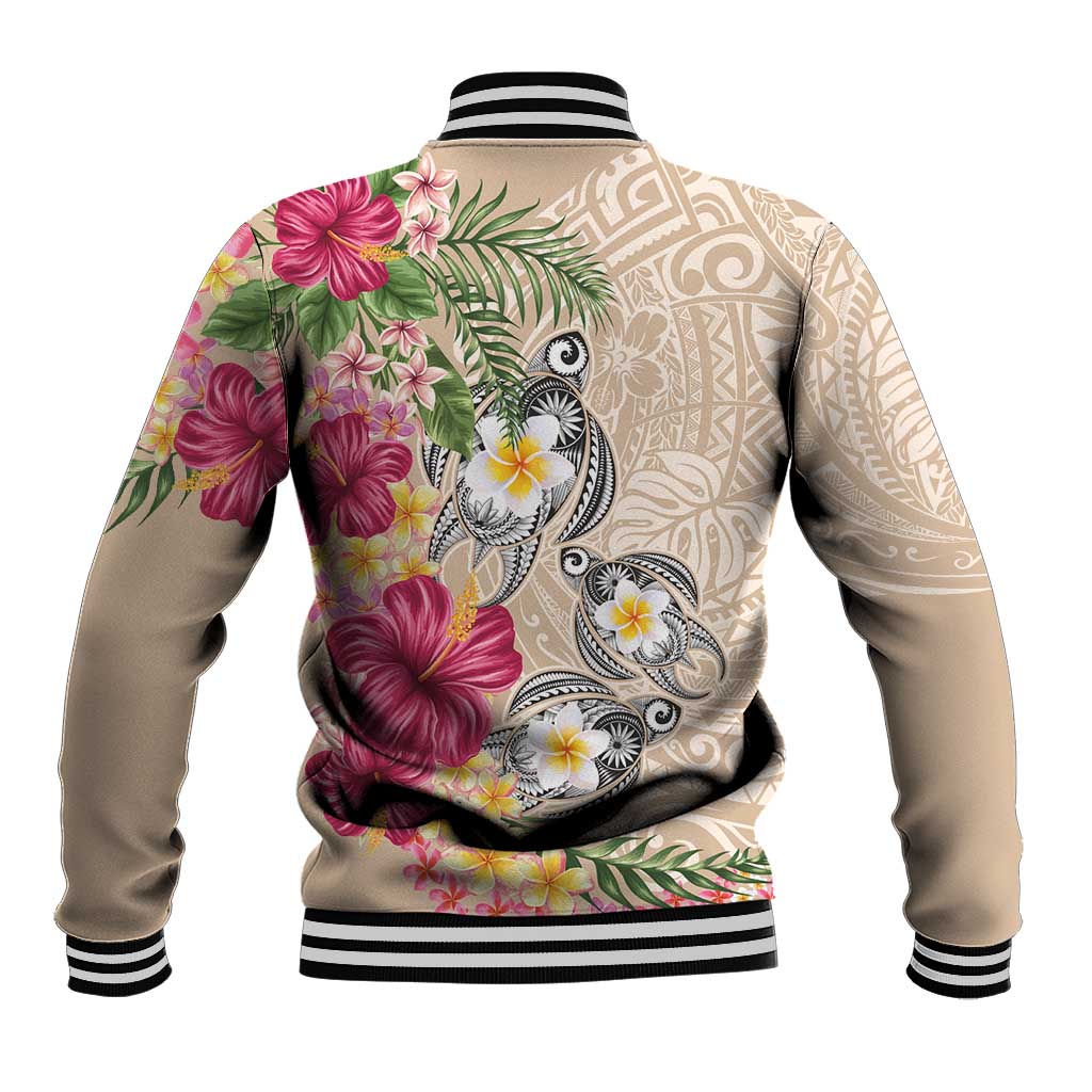 Hawaiian Tropical Flowers and Tribal Turtles Baseball Jacket Polynesian Art Motifs Beige Color LT03 - Polynesian Pride