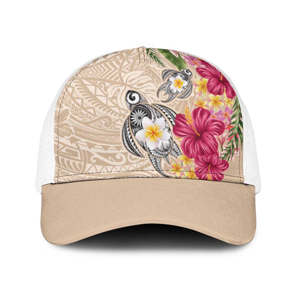 Hawaiian Tropical Flowers and Tribal Turtles Baseball Net Cap Polynesian Art Motifs Beige Color LT03 One Size White Beige - Polynesian Pride