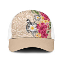 Hawaiian Tropical Flowers and Tribal Turtles Baseball Net Cap Polynesian Art Motifs Beige Color LT03 One Size White Beige - Polynesian Pride