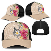 Hawaiian Tropical Flowers and Tribal Turtles Baseball Net Cap Polynesian Art Motifs Beige Color LT03 - Polynesian Pride
