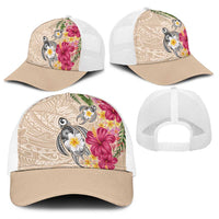 Hawaiian Tropical Flowers and Tribal Turtles Baseball Net Cap Polynesian Art Motifs Beige Color LT03 - Polynesian Pride