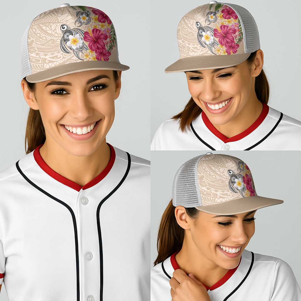 Hawaiian Tropical Flowers and Tribal Turtles Baseball Net Cap Polynesian Art Motifs Beige Color LT03 - Polynesian Pride