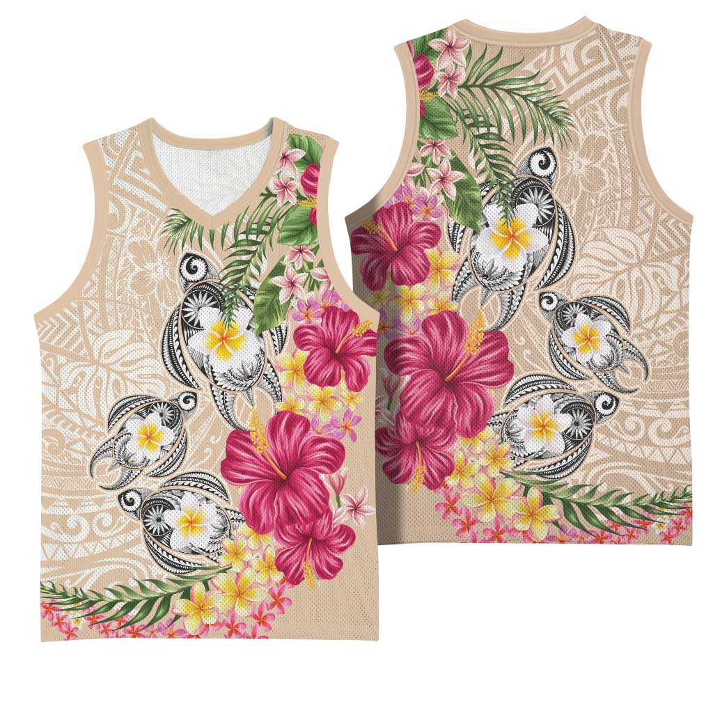 Hawaiian Tropical Flowers and Tribal Turtles Basketball Jersey Polynesian Art Motifs Beige Color LT03 - Polynesian Pride