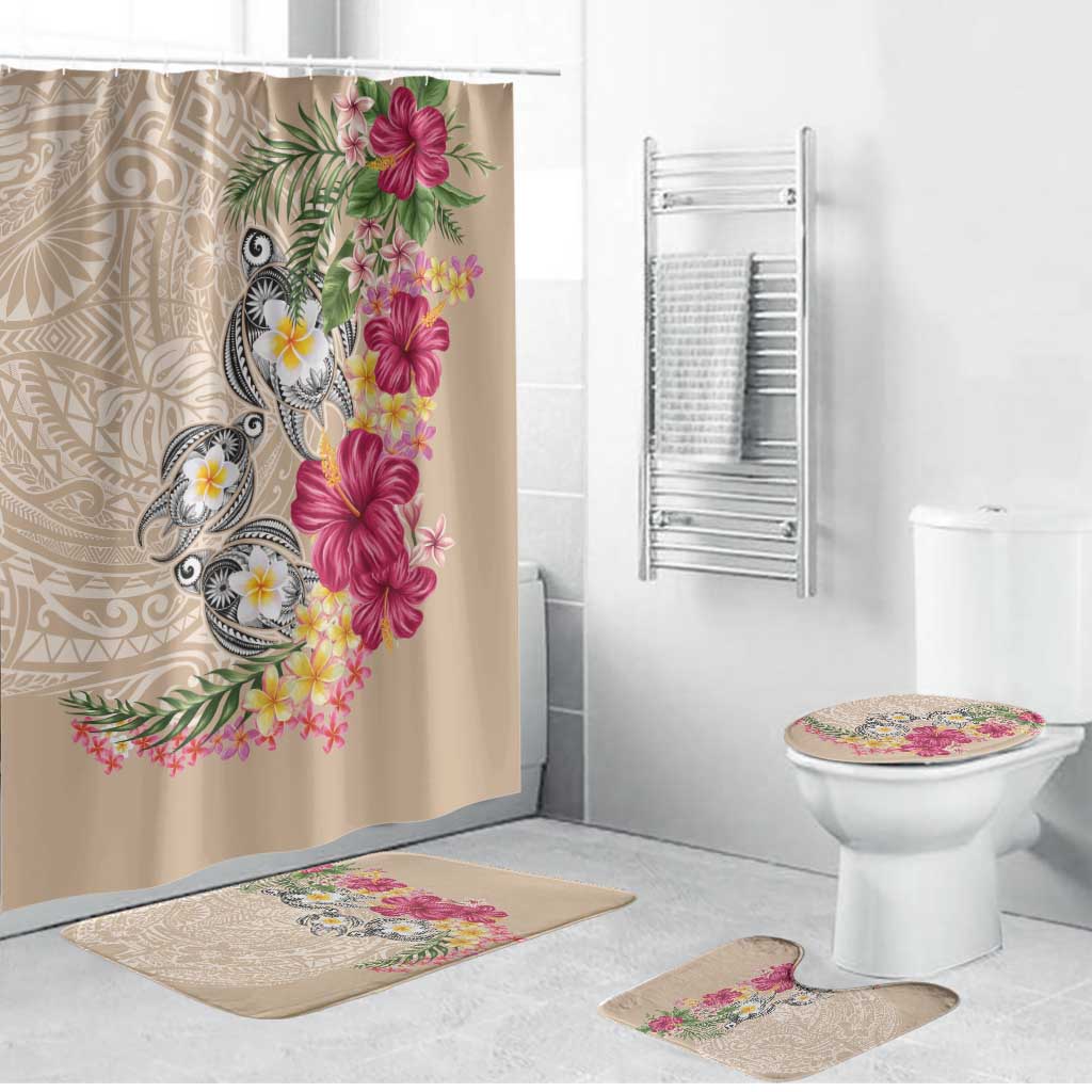 Hawaiian Tropical Flowers and Tribal Turtles Bathroom Set Polynesian Art Motifs Beige Color LT03 Bathroom Set (4 pcs) Beige - Polynesian Pride