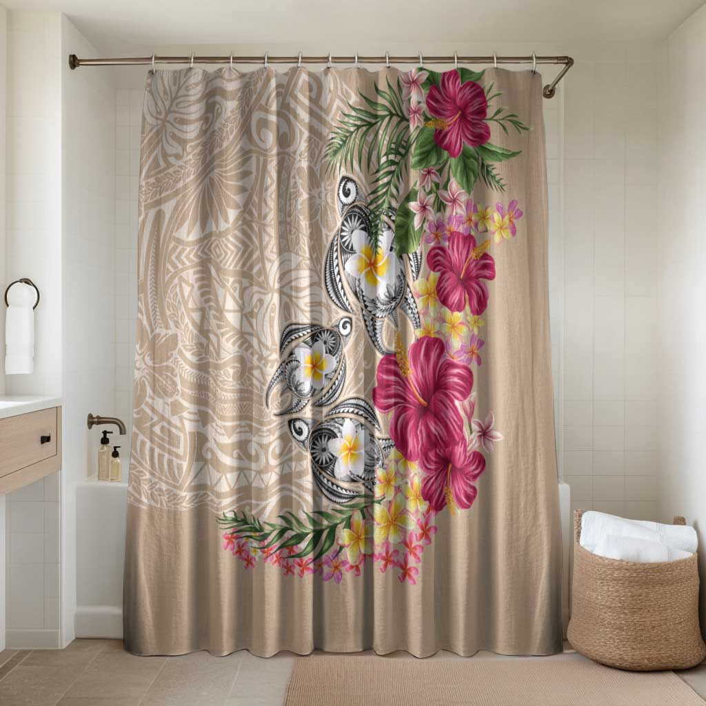 Hawaiian Tropical Flowers and Tribal Turtles Bathroom Set Polynesian Art Motifs Beige Color LT03 Shower Curtain Only Beige - Polynesian Pride