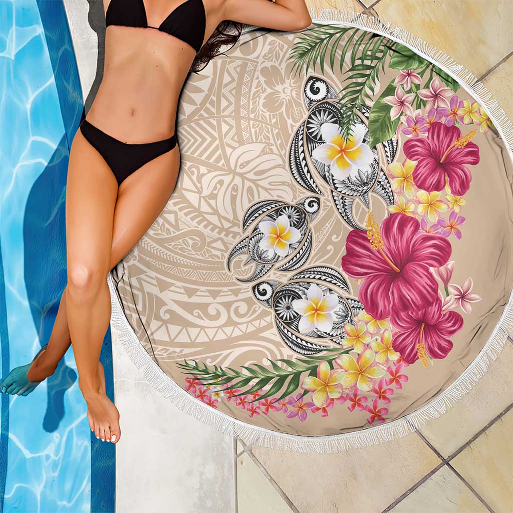 Hawaiian Tropical Flowers and Tribal Turtles Beach Blanket Polynesian Art Motifs Beige Color LT03 - Polynesian Pride