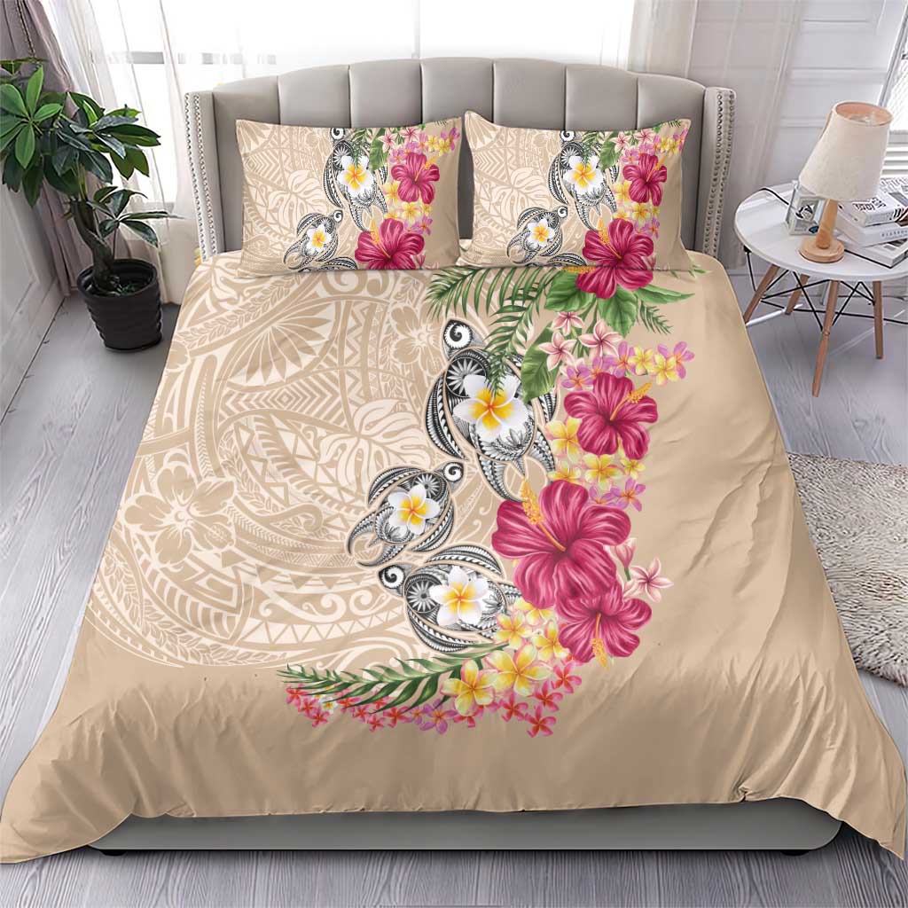 Hawaiian Tropical Flowers and Tribal Turtles Bedding Set Polynesian Art Motifs Beige Color LT03 - Polynesian Pride