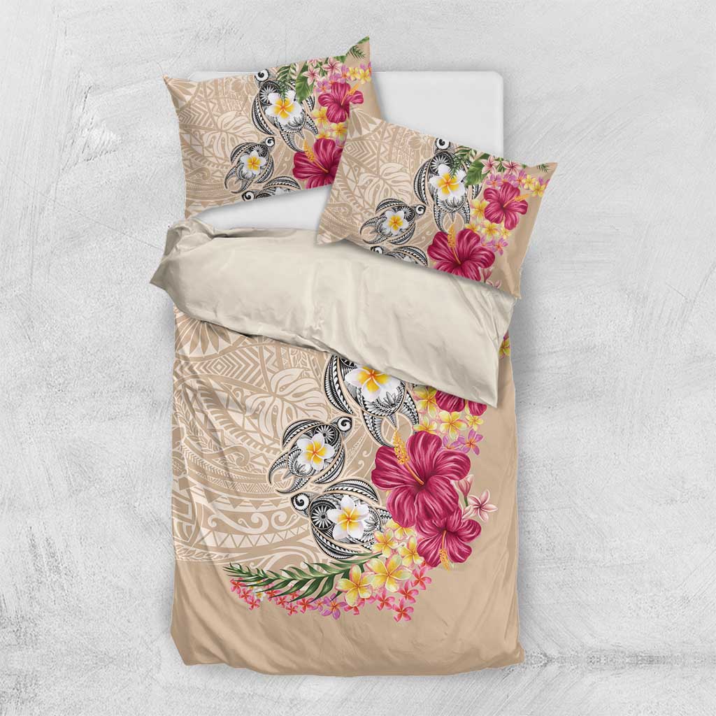 Hawaiian Tropical Flowers and Tribal Turtles Bedding Set Polynesian Art Motifs Beige Color LT03 US Twin 172cm x 218cm Beige - Polynesian Pride