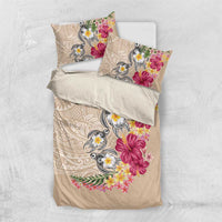Hawaiian Tropical Flowers and Tribal Turtles Bedding Set Polynesian Art Motifs Beige Color LT03 US Twin 172cm x 218cm Beige - Polynesian Pride
