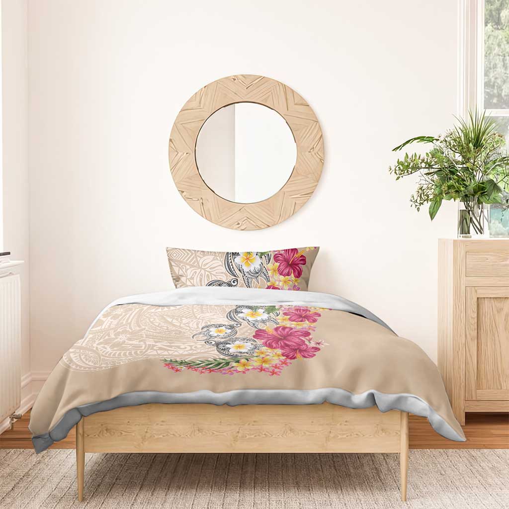 Hawaiian Tropical Flowers and Tribal Turtles Bedding Set Polynesian Art Motifs Beige Color LT03 - Polynesian Pride