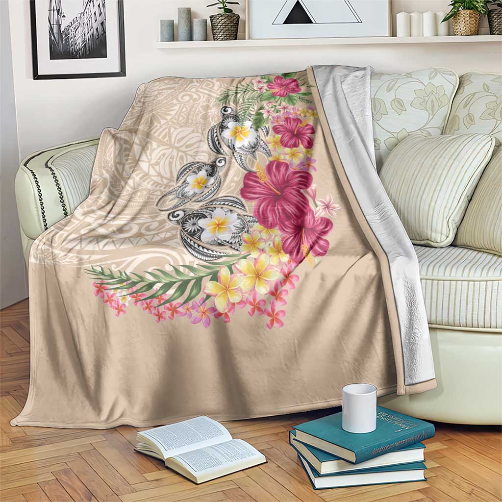 Hawaiian Tropical Flowers and Tribal Turtles Blanket Polynesian Art Motifs Beige Color LT03 Beige - Polynesian Pride