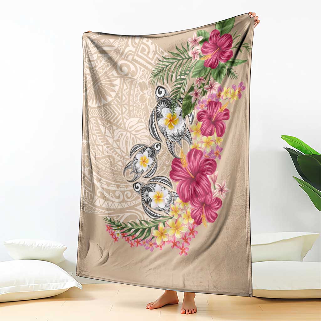 Hawaiian Tropical Flowers and Tribal Turtles Blanket Polynesian Art Motifs Beige Color LT03 - Polynesian Pride