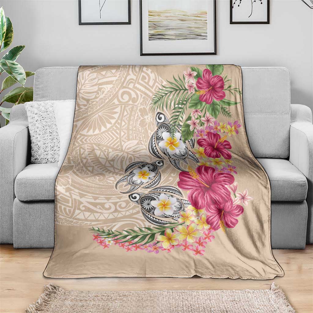 Hawaiian Tropical Flowers and Tribal Turtles Blanket Polynesian Art Motifs Beige Color LT03 - Polynesian Pride