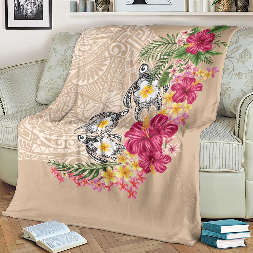 Hawaiian Tropical Flowers and Tribal Turtles Blanket Polynesian Art Motifs Beige Color LT03 - Polynesian Pride