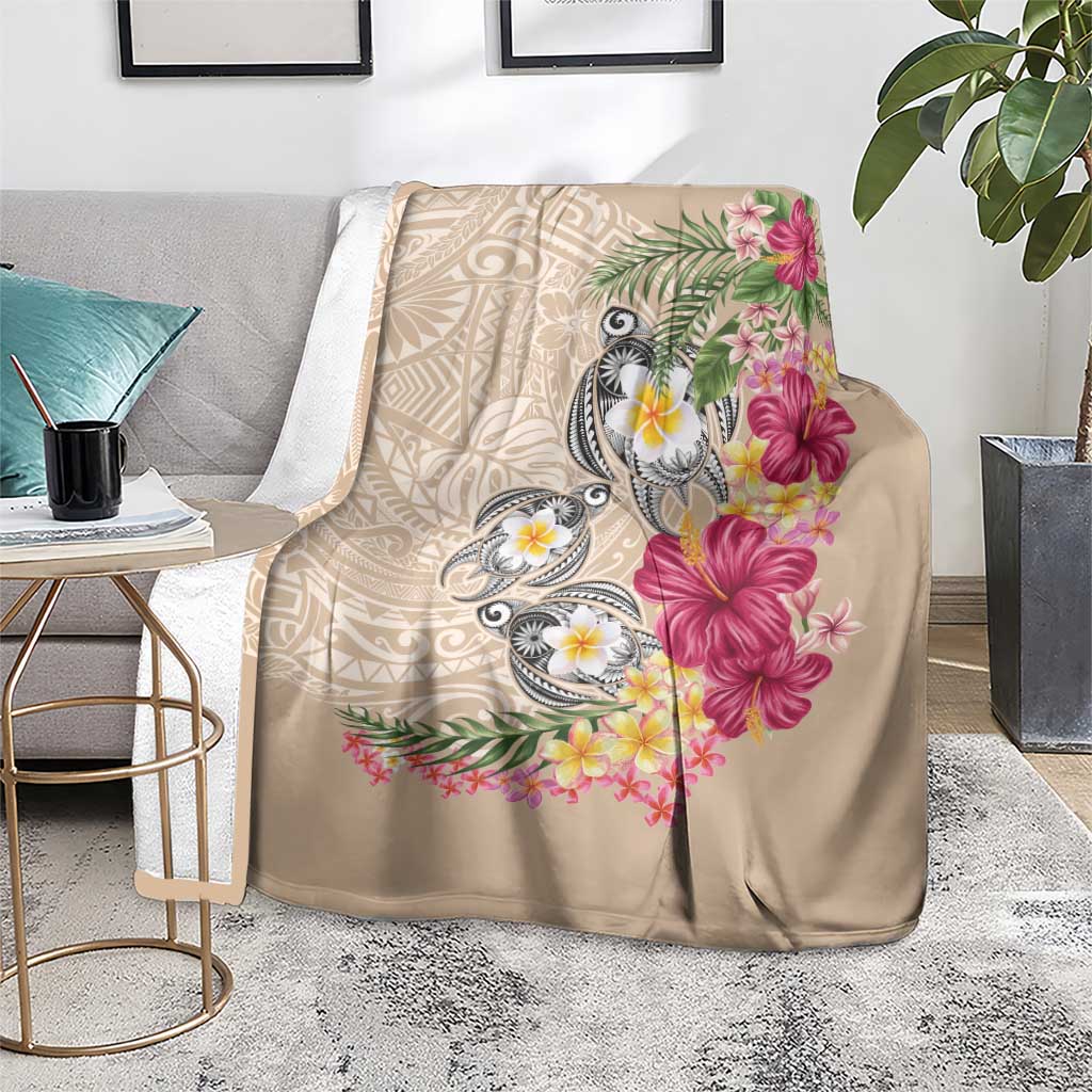 Hawaiian Tropical Flowers and Tribal Turtles Blanket Polynesian Art Motifs Beige Color LT03 - Polynesian Pride