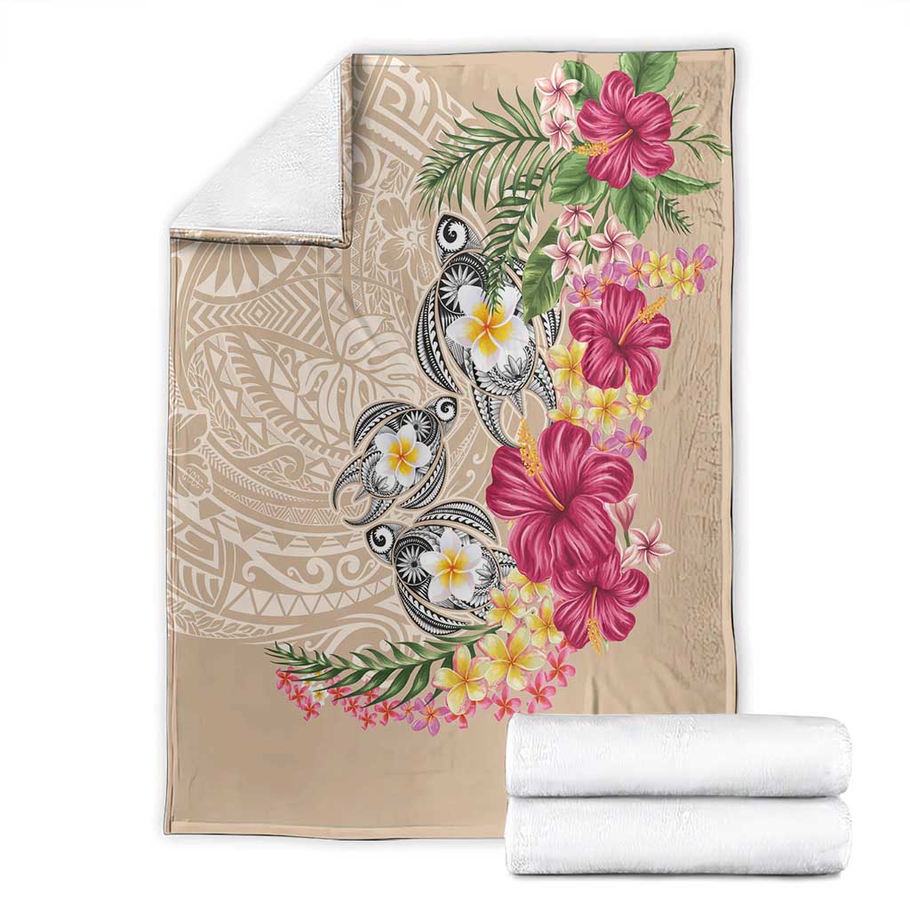 Hawaiian Tropical Flowers and Tribal Turtles Blanket Polynesian Art Motifs Beige Color LT03 - Polynesian Pride
