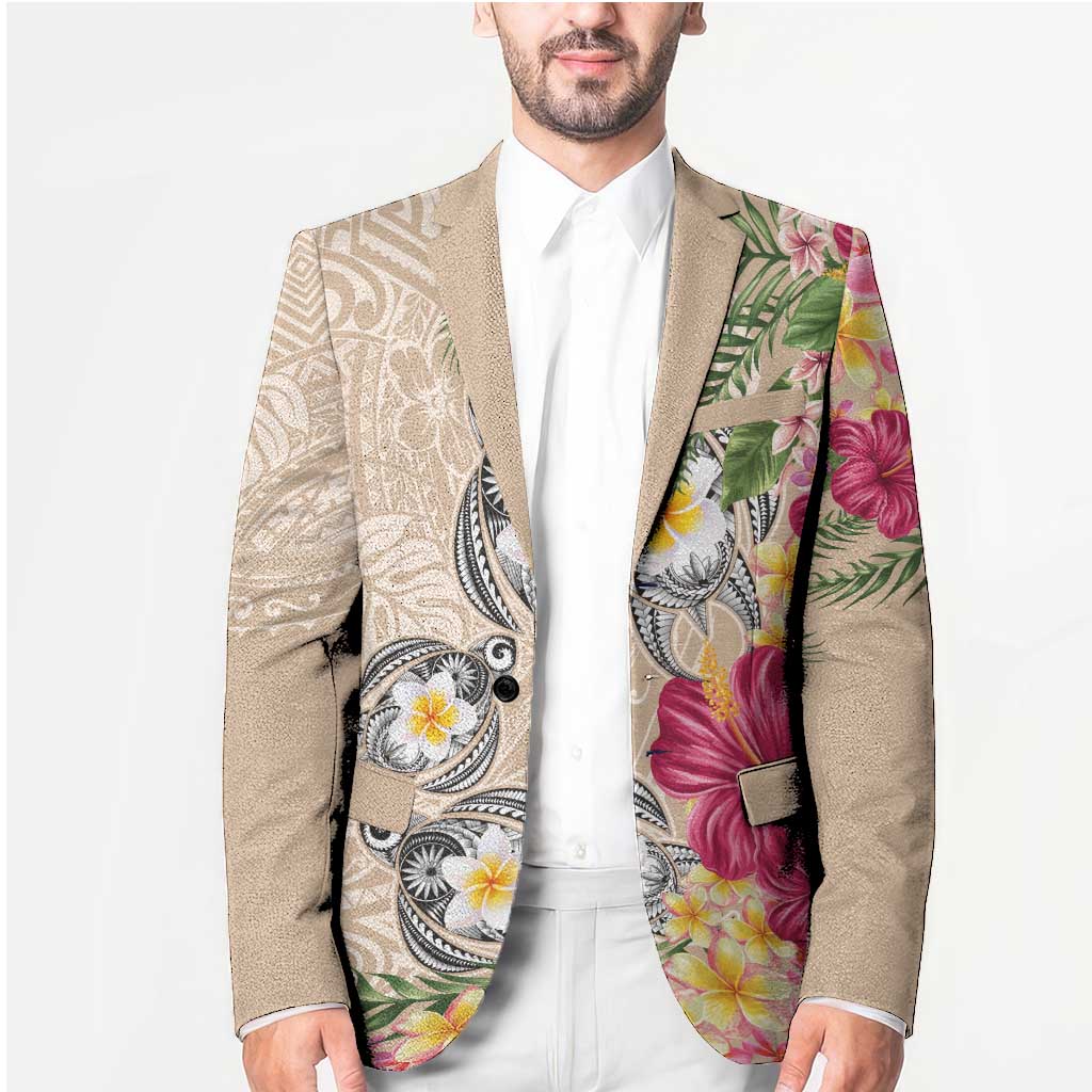 Hawaiian Tropical Flowers and Tribal Turtles Blazer Polynesian Art Motifs Beige Color LT03 - Polynesian Pride