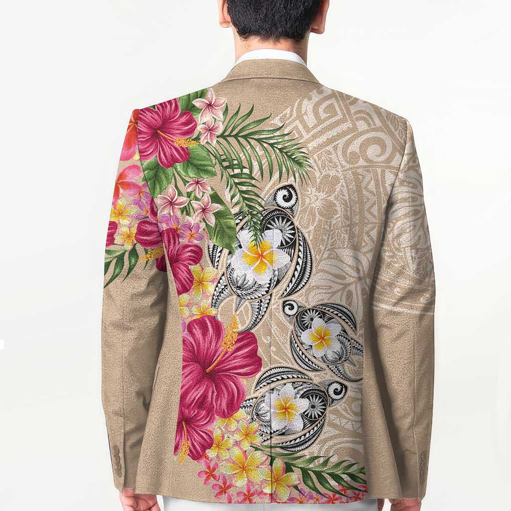 Hawaiian Tropical Flowers and Tribal Turtles Blazer Polynesian Art Motifs Beige Color LT03 - Polynesian Pride