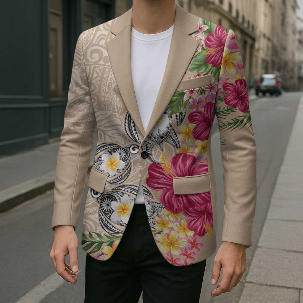 Hawaiian Tropical Flowers and Tribal Turtles Blazer Polynesian Art Motifs Beige Color LT03 - Polynesian Pride