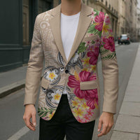 Hawaiian Tropical Flowers and Tribal Turtles Blazer Polynesian Art Motifs Beige Color LT03 - Polynesian Pride