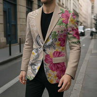 Hawaiian Tropical Flowers and Tribal Turtles Blazer Polynesian Art Motifs Beige Color LT03 - Polynesian Pride