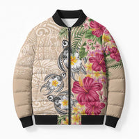 Hawaiian Tropical Flowers and Tribal Turtles Bomber Puffer Jacket Polynesian Art Motifs Beige Color LT03 Unisex Beige - Polynesian Pride