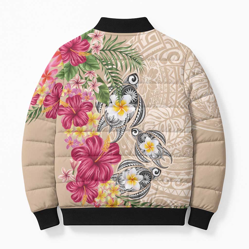 Hawaiian Tropical Flowers and Tribal Turtles Bomber Puffer Jacket Polynesian Art Motifs Beige Color LT03 - Polynesian Pride