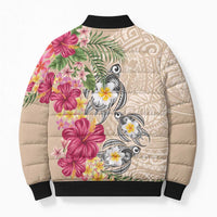 Hawaiian Tropical Flowers and Tribal Turtles Bomber Puffer Jacket Polynesian Art Motifs Beige Color LT03 - Polynesian Pride