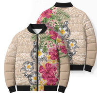 Hawaiian Tropical Flowers and Tribal Turtles Bomber Puffer Jacket Polynesian Art Motifs Beige Color LT03 - Polynesian Pride