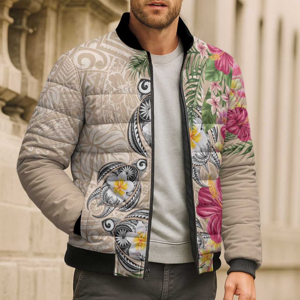 Hawaiian Tropical Flowers and Tribal Turtles Bomber Puffer Jacket Polynesian Art Motifs Beige Color LT03 - Polynesian Pride