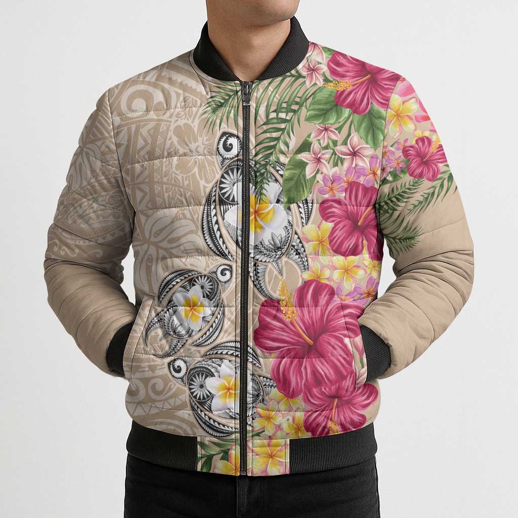 Hawaiian Tropical Flowers and Tribal Turtles Bomber Puffer Jacket Polynesian Art Motifs Beige Color LT03 - Polynesian Pride