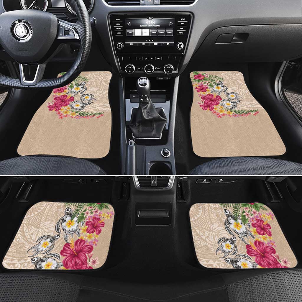 Hawaiian Tropical Flowers and Tribal Turtles Car Mats Polynesian Art Motifs Beige Color LT03 Set 4pcs Beige - Polynesian Pride