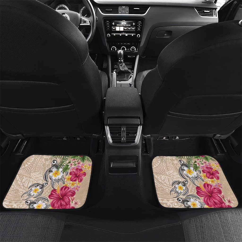 Hawaiian Tropical Flowers and Tribal Turtles Car Mats Polynesian Art Motifs Beige Color LT03 Set 2pcs - Back Beige - Polynesian Pride
