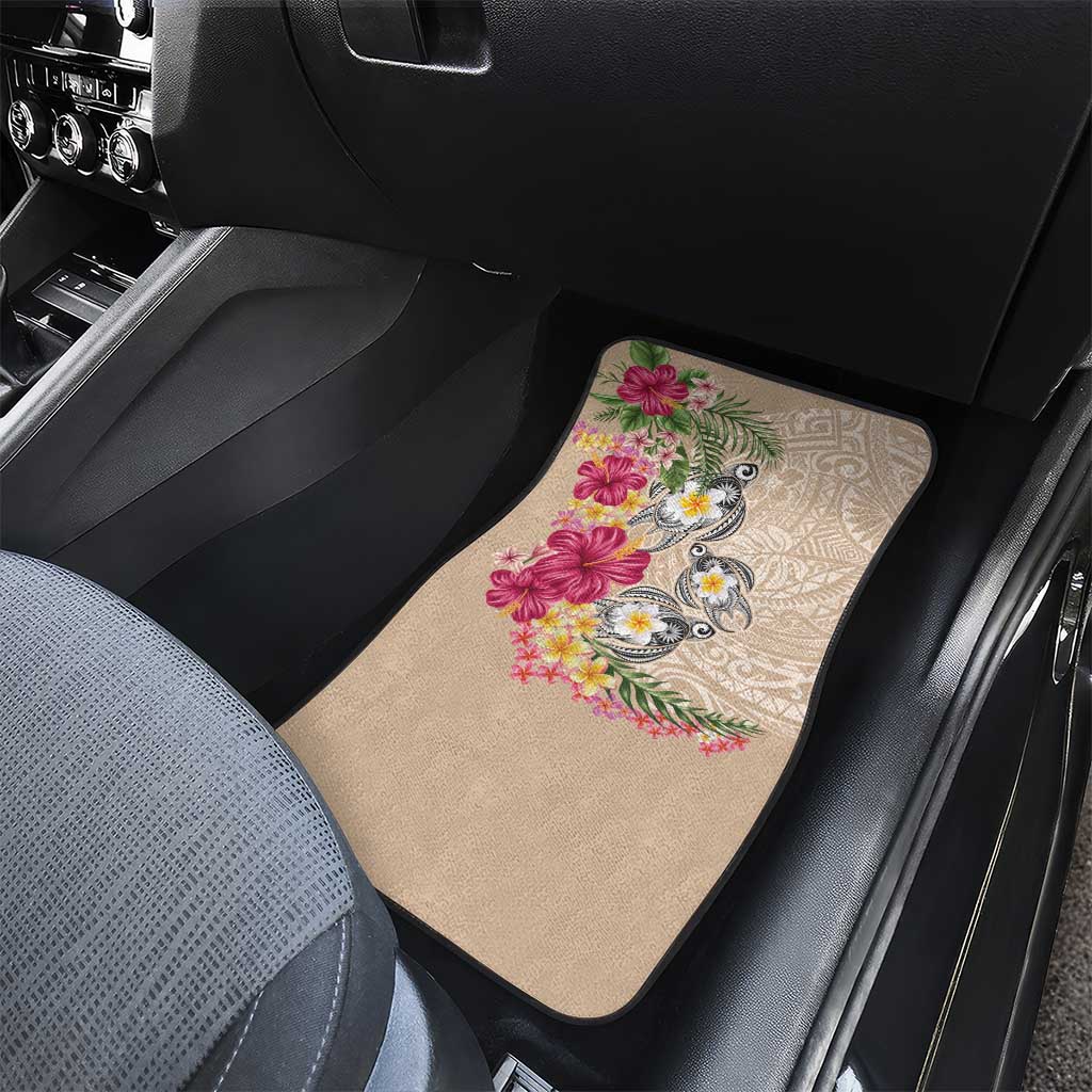 Hawaiian Tropical Flowers and Tribal Turtles Car Mats Polynesian Art Motifs Beige Color LT03 - Polynesian Pride