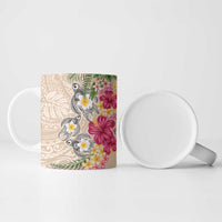 Hawaiian Tropical Flowers and Tribal Turtles Ceramic Mug Polynesian Art Motifs Beige Color LT03 - Polynesian Pride