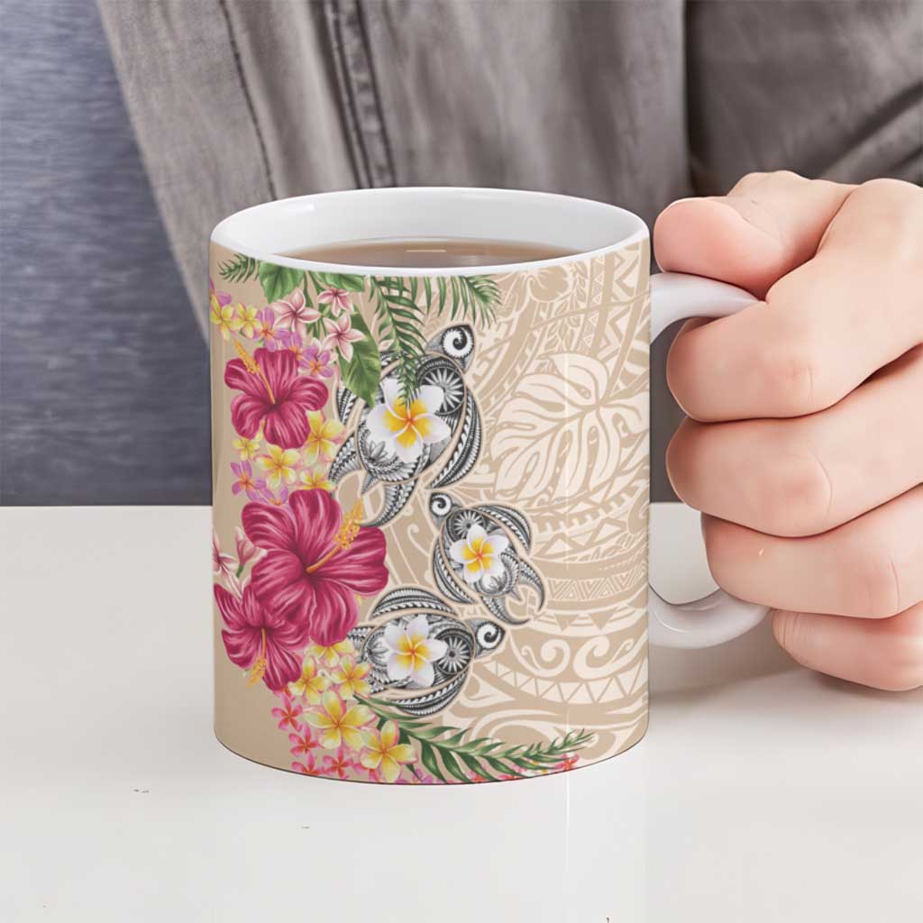 Hawaiian Tropical Flowers and Tribal Turtles Ceramic Mug Polynesian Art Motifs Beige Color LT03 - Polynesian Pride