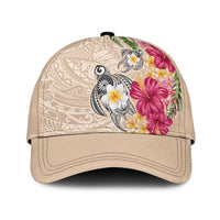 Hawaiian Tropical Flowers and Tribal Turtles Classic Cap Polynesian Art Motifs Beige Color LT03 Universal Fit Beige - Polynesian Pride