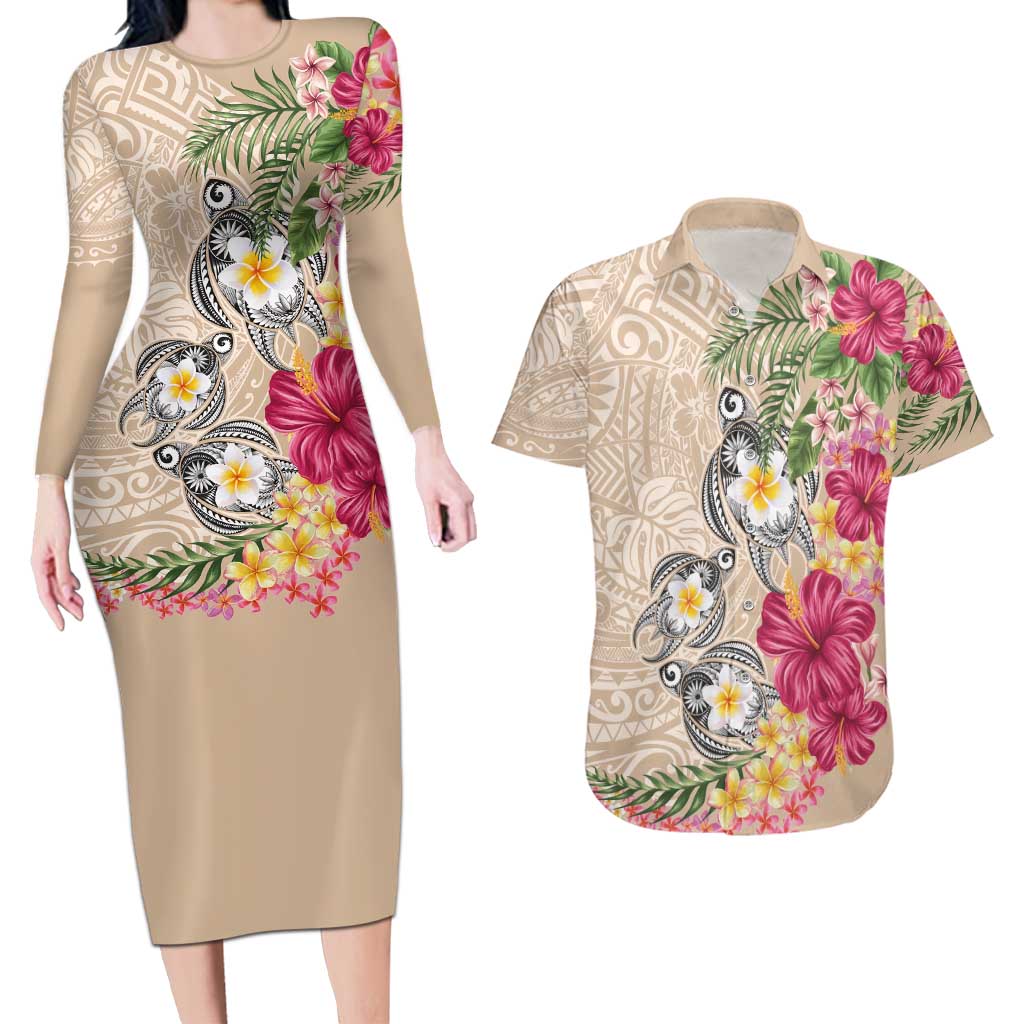 Hawaiian Tropical Flowers and Tribal Turtles Couples Matching Long Sleeve Bodycon Dress and Hawaiian Shirt Polynesian Art Motifs Beige Color LT03 Beige - Polynesian Pride