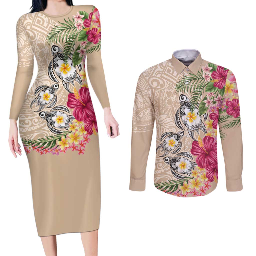 Hawaiian Tropical Flowers and Tribal Turtles Couples Matching Long Sleeve Bodycon Dress and Long Sleeve Button Shirt Polynesian Art Motifs Beige Color LT03 Beige - Polynesian Pride