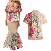 Hawaiian Tropical Flowers and Tribal Turtles Couples Matching Mermaid Dress and Hawaiian Shirt Polynesian Art Motifs Beige Color LT03 - Polynesian Pride