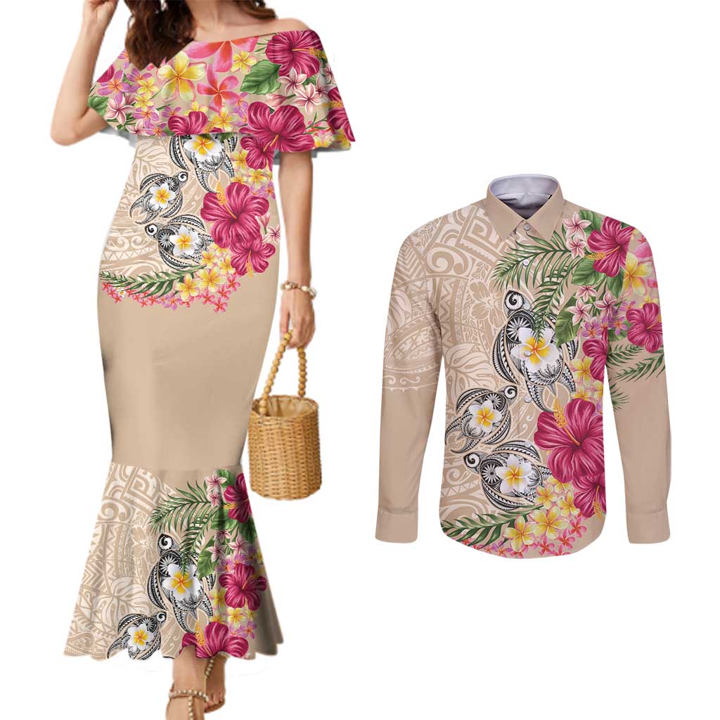 Hawaiian Tropical Flowers and Tribal Turtles Couples Matching Mermaid Dress and Long Sleeve Button Shirt Polynesian Art Motifs Beige Color LT03 Beige - Polynesian Pride