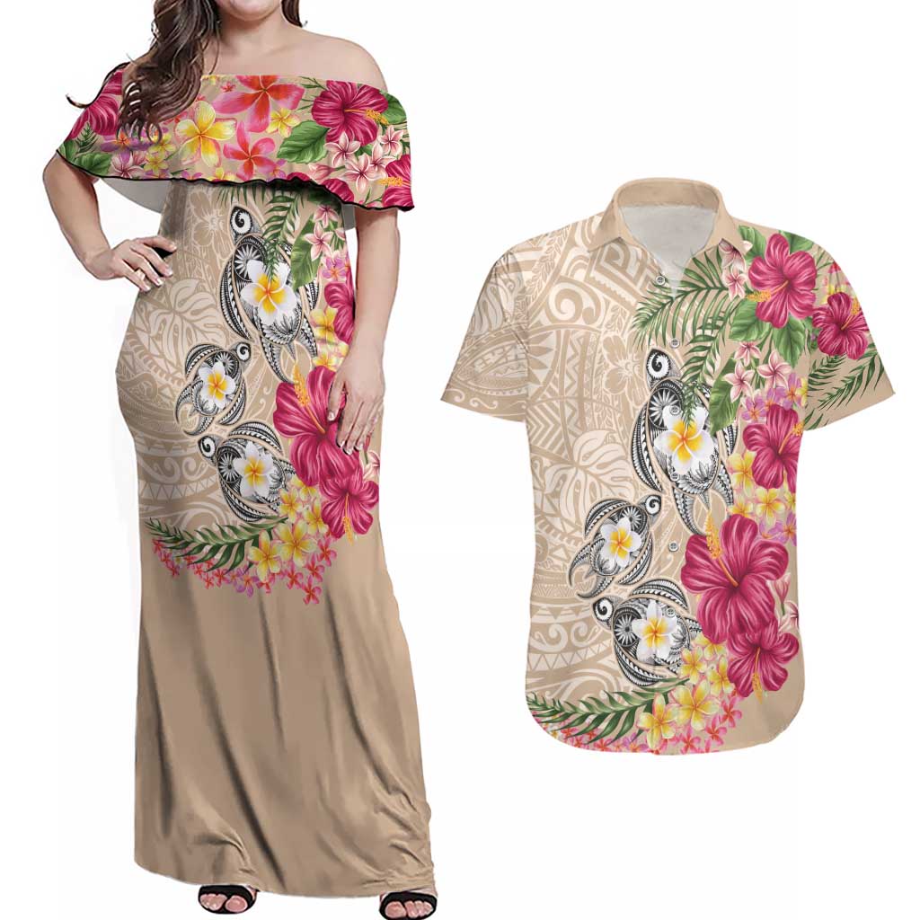 Hawaiian Tropical Flowers and Tribal Turtles Couples Matching Off Shoulder Maxi Dress and Hawaiian Shirt Polynesian Art Motifs Beige Color LT03 Beige - Polynesian Pride