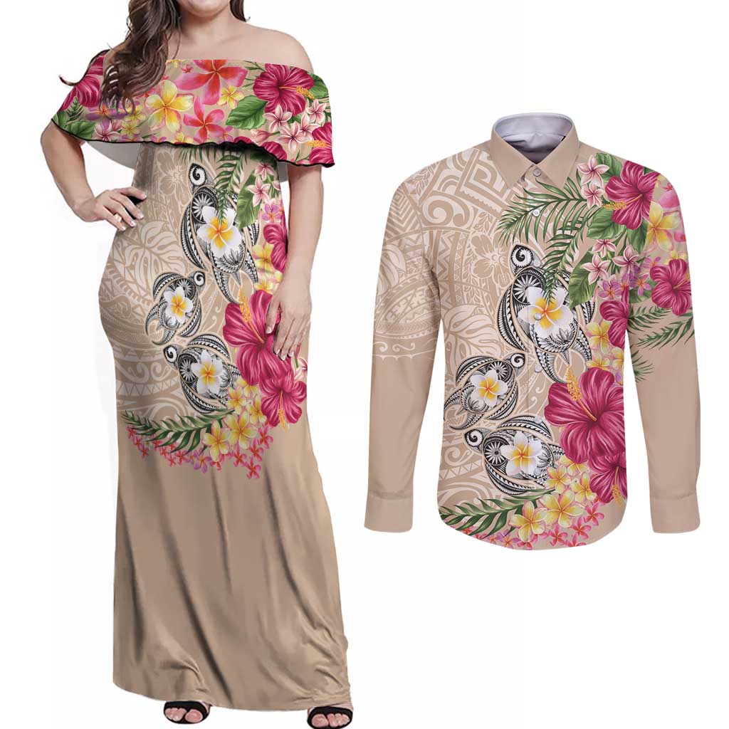 Hawaiian Tropical Flowers and Tribal Turtles Couples Matching Off Shoulder Maxi Dress and Long Sleeve Button Shirt Polynesian Art Motifs Beige Color LT03 Beige - Polynesian Pride