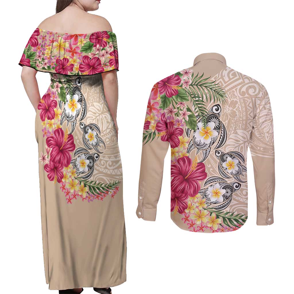 Hawaiian Tropical Flowers and Tribal Turtles Couples Matching Off Shoulder Maxi Dress and Long Sleeve Button Shirt Polynesian Art Motifs Beige Color LT03 - Polynesian Pride
