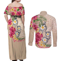 Hawaiian Tropical Flowers and Tribal Turtles Couples Matching Off Shoulder Maxi Dress and Long Sleeve Button Shirt Polynesian Art Motifs Beige Color LT03 - Polynesian Pride