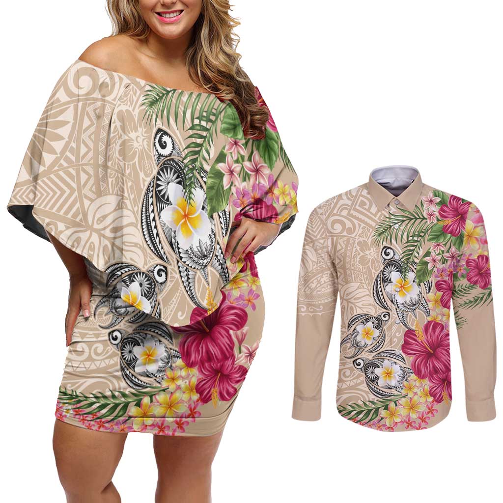 Hawaiian Tropical Flowers and Tribal Turtles Couples Matching Off Shoulder Short Dress and Long Sleeve Button Shirt Polynesian Art Motifs Beige Color LT03 Beige - Polynesian Pride