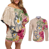 Hawaiian Tropical Flowers and Tribal Turtles Couples Matching Off Shoulder Short Dress and Long Sleeve Button Shirt Polynesian Art Motifs Beige Color LT03 Beige - Polynesian Pride