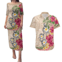 Hawaiian Tropical Flowers and Tribal Turtles Couples Matching Puletasi and Hawaiian Shirt Polynesian Art Motifs Beige Color LT03 Beige - Polynesian Pride