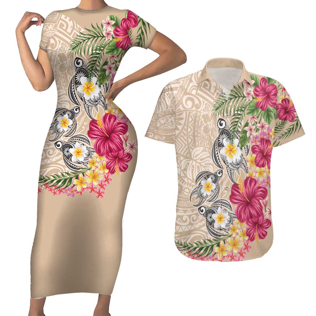 Hawaiian Tropical Flowers and Tribal Turtles Couples Matching Short Sleeve Bodycon Dress and Hawaiian Shirt Polynesian Art Motifs Beige Color LT03 Beige - Polynesian Pride